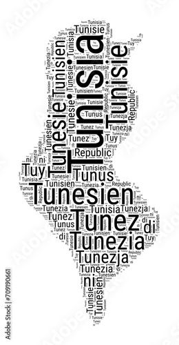 Black and white word cloud in Tunisia shape. Simple typography style country illustration. Plain Tunisia black text cloud on white background. Vector illustration.
