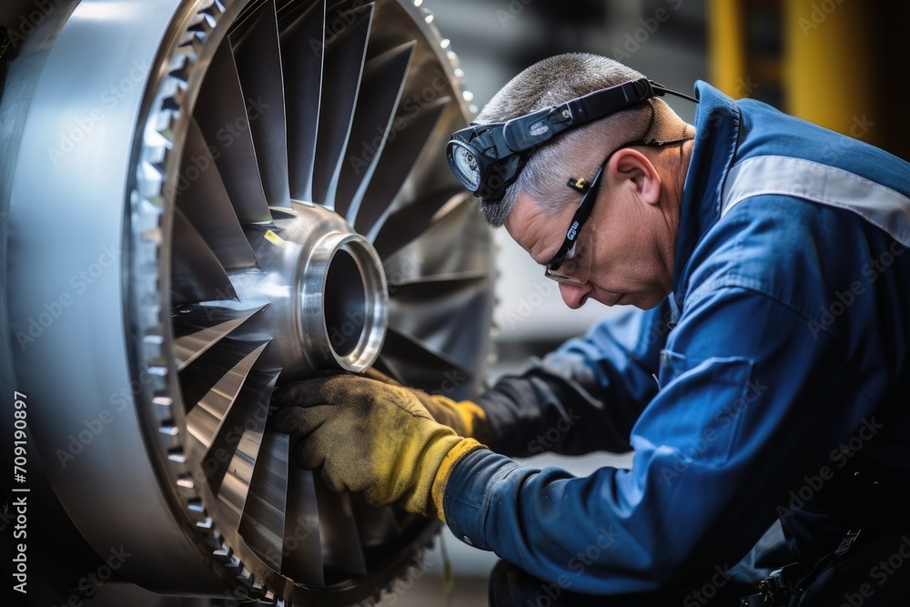 A skilled worker works on a big turbine. A skilled worker works on a big turbine.