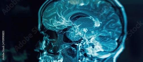 Brain CT scan in the sagittal plane for diagnosing brain tumor, stroke, and vascular diseases. photo