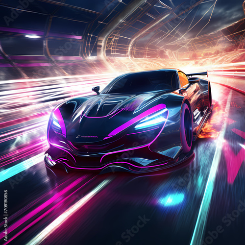 Futuristic sports car racing on a neon-lit track.