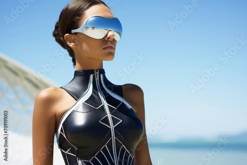 A stunning woman presenting futuristic swimwear at a futuristic beach.