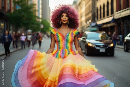 A transgender woman dressed in a rainbow outfit on the street.