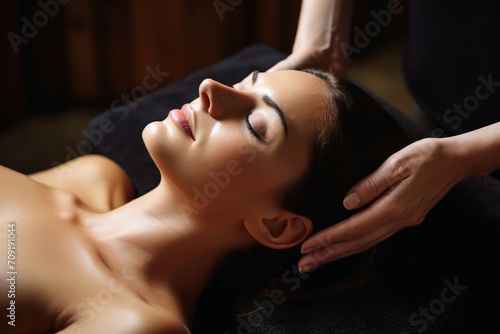 A woman at a relaxing head massage.