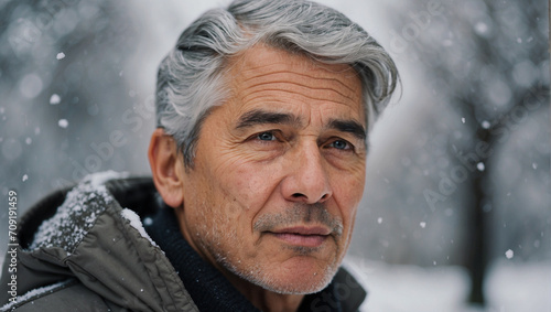 Senior man with gray hair in snow 