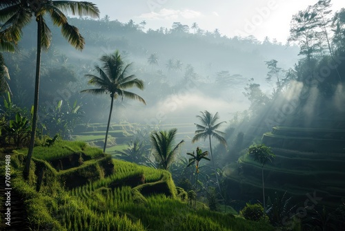 Sunrays piercing through mist over green rice terraces in Bali, showcasing nature's tranquility