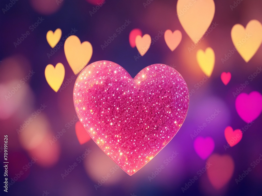 A big pink glowing hart ,heart shaped bokeh background