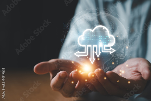 Business person migrate data and corporate information into cloud technology for data security and back up as disaster recovery site and prevent for cyber crime. Data inventory for enterprise.