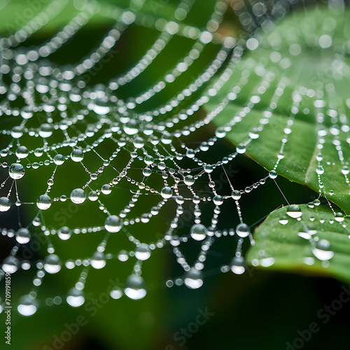 Macro shot of a spiderweb covered in dew. © Cao