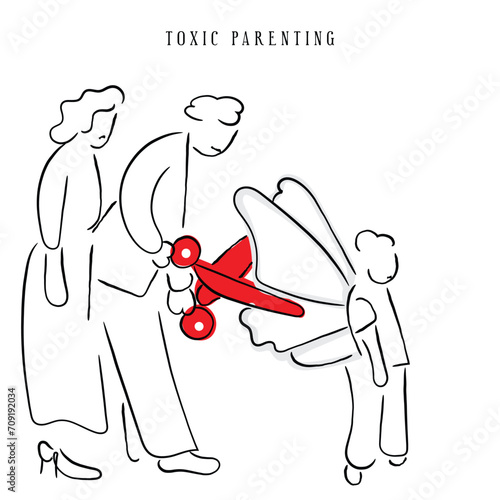 hand drawn line art vector of toxic parenting. parents forcing kids.