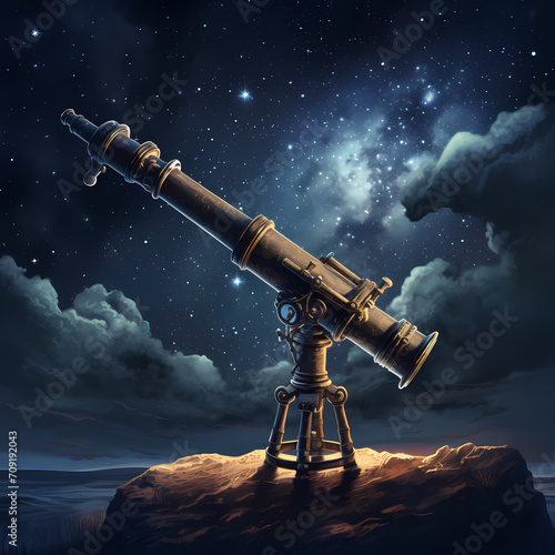Old-fashioned telescope pointed at the night sky.
