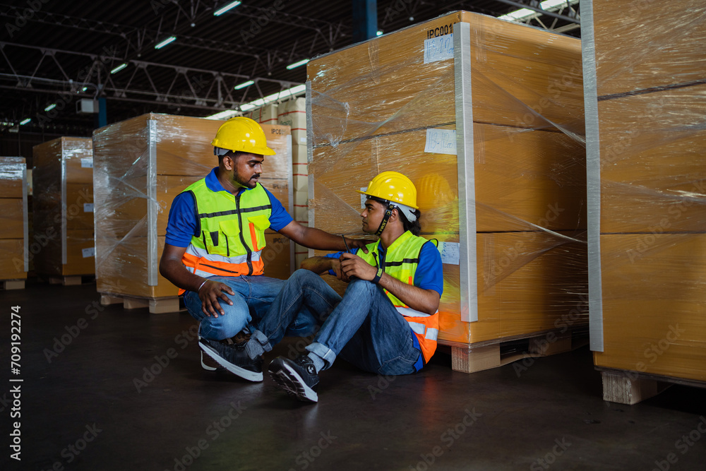Two engineers who are tired of working in a warehouse, stressed, desperate, sad in the warehouse. Goods left in stock in the warehouse. The industry checks the delivery of goods. Two engineers who are tired of working in a warehouse, stressed, desperate, sad in the warehouse. Goods left in stock in the warehouse. The industry checks the delivery of goods.