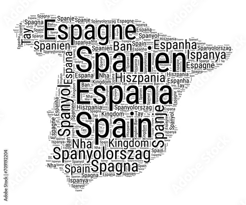 Black and white word cloud in Spain shape. Simple typography style country illustration. Plain Spain black text cloud on white background. Vector illustration.