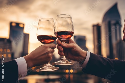 Clinking glasses of wine against the backdrop of city buildings means celebrating business success.