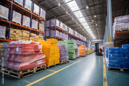 Colorful boxed warehouse stock for efficient and fast logistics delivery services.