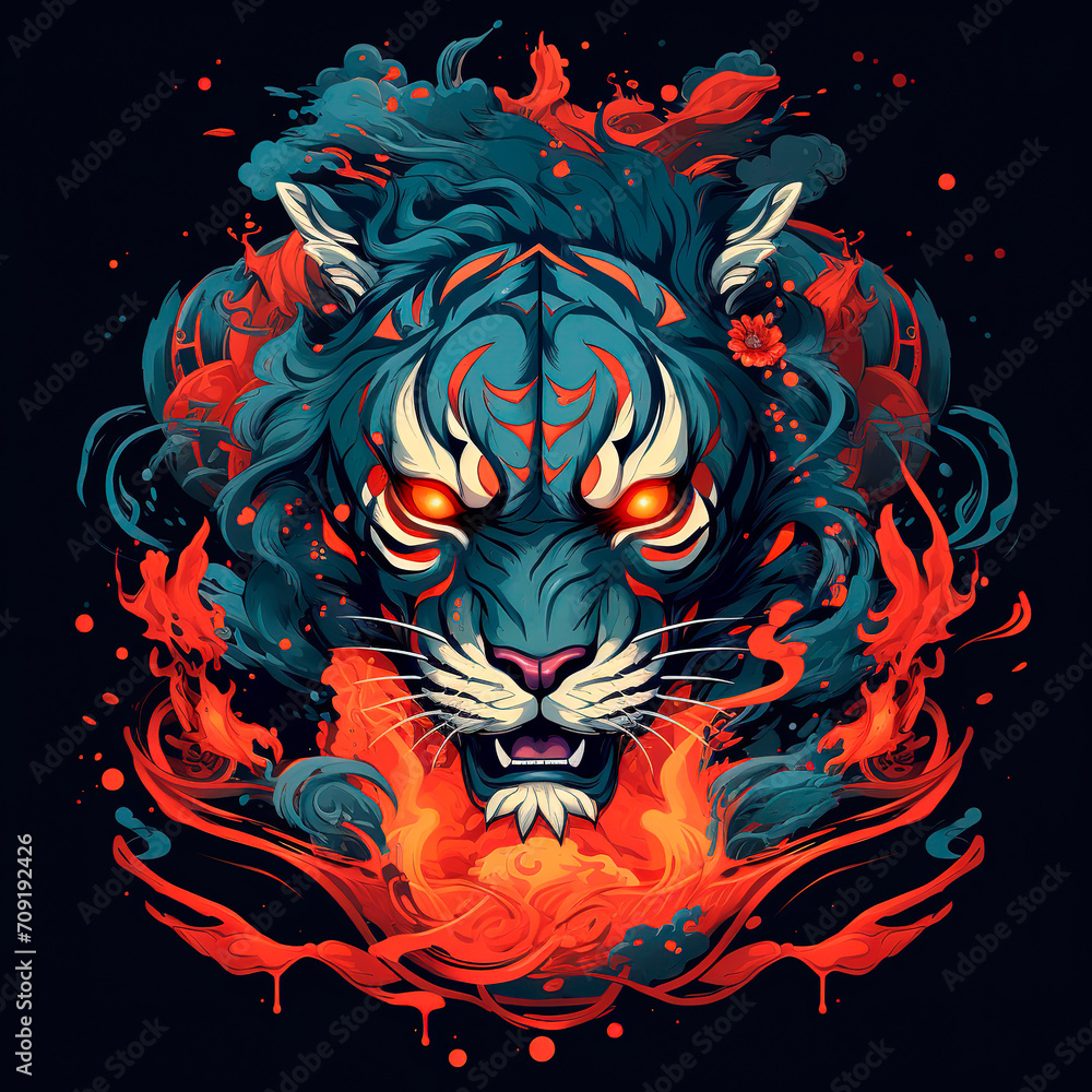 Fire tiger on the black background. Generative AI
