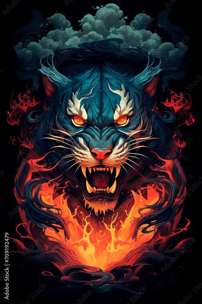 Fire tiger on the black background. Generative AI Fire tiger on the black background. Generative AI