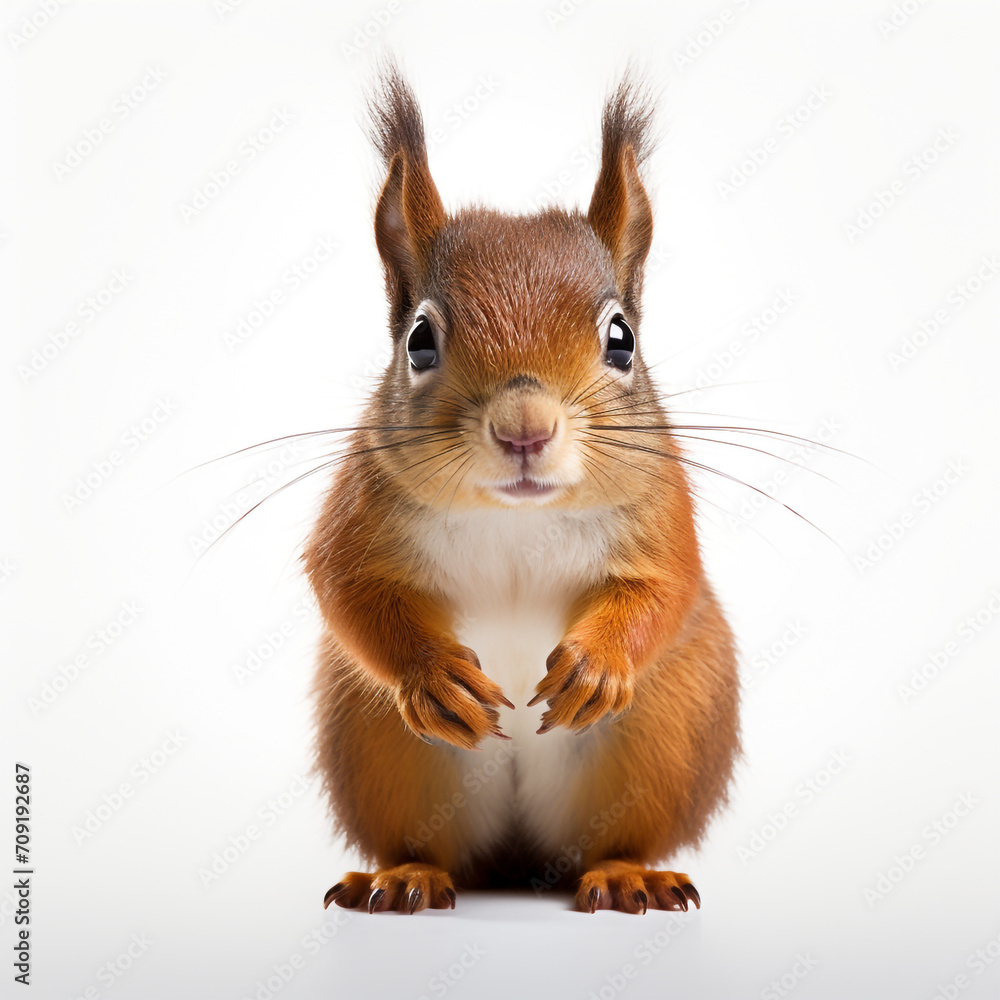 Fototapeta premium a cute squirrel facing the camera, the tail behind it, on a white background created with Generative Ai