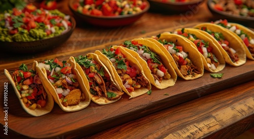 a variety of tacos is on a wooden tray