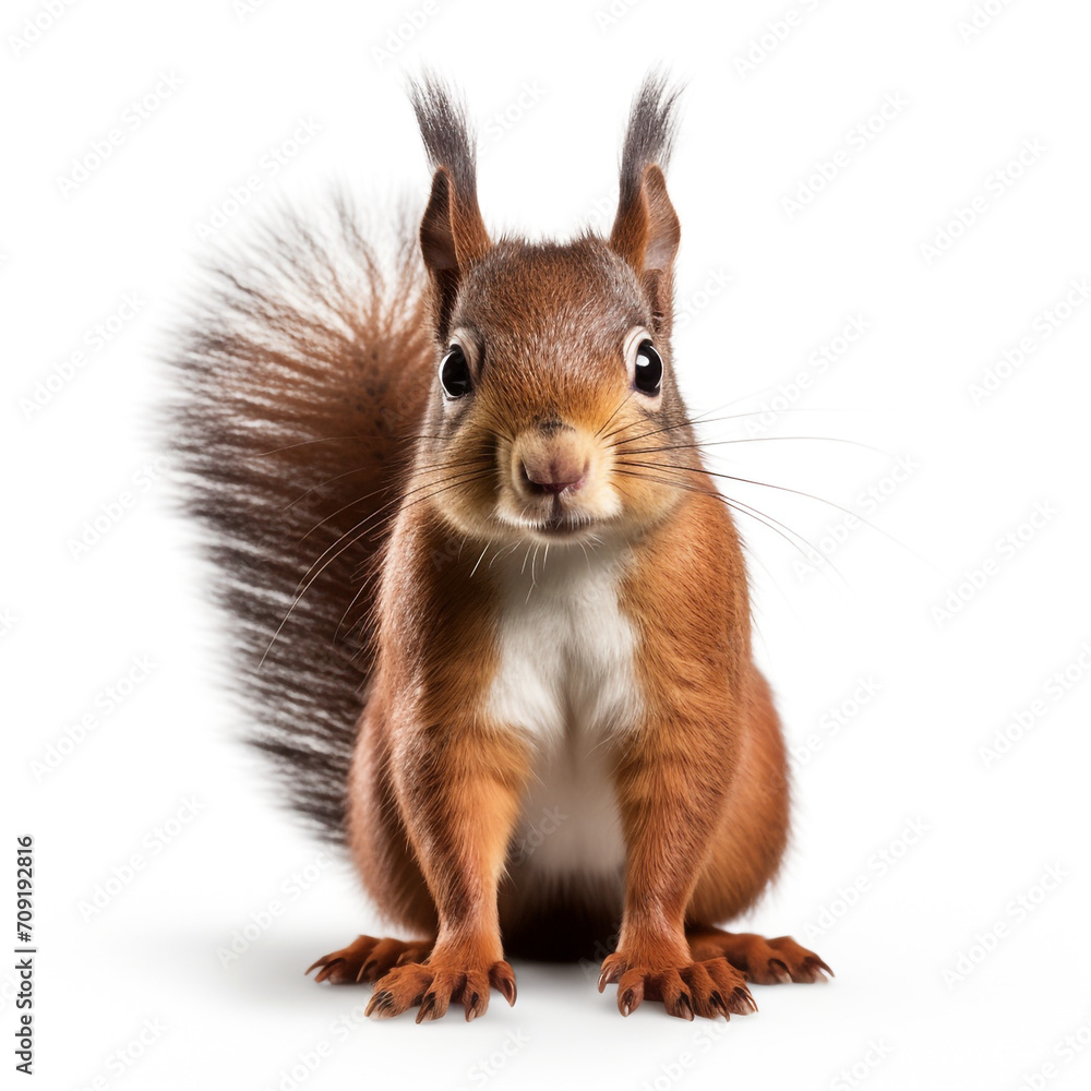 Fototapeta premium a cute squirrel facing the camera, the tail behind it, on a white background created with Generative Ai