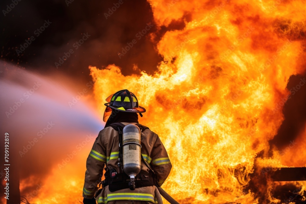 Firefighter Battling a Blaze with lots of big flames.