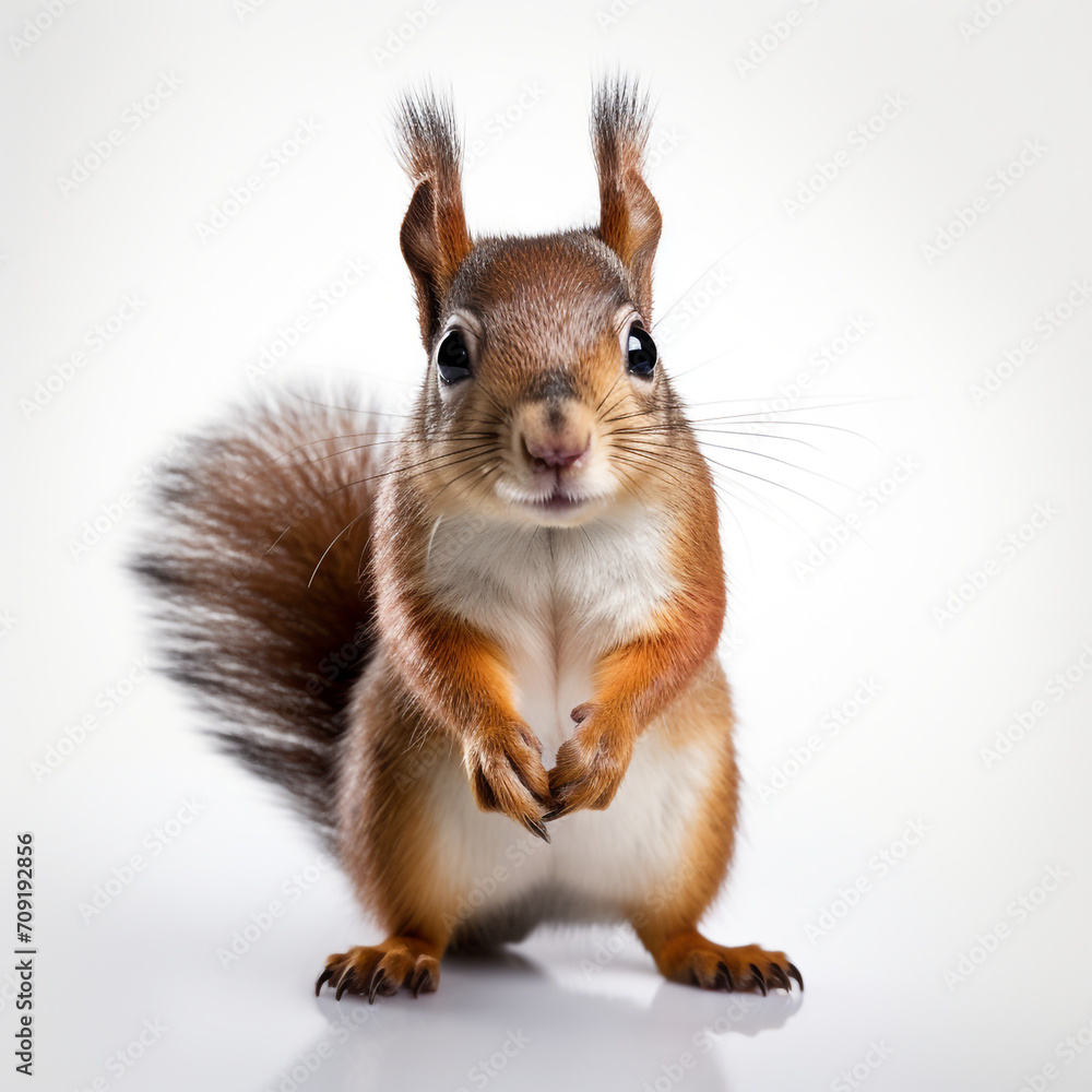 a cute squirrel facing the camera, the tail behind it, on a white background created with Generative Ai a cute squirrel facing the camera, the tail behind it, on a white background created with Generative Ai