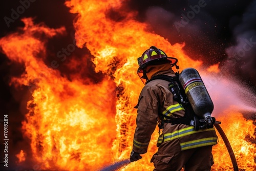 Firefighter Battling a Blaze with lots of big flames.