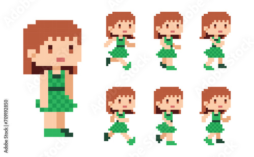Pixel art 8 bit character cute girl character run animation