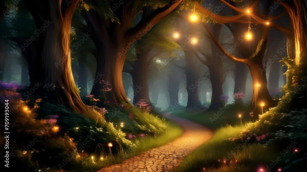 A Path through a Fairytale Forest with Fireflies and Lights A Path through a Fairytale Forest with Fireflies and Lights
