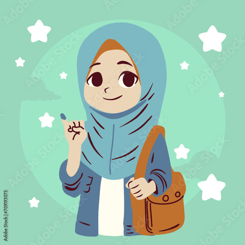 vector illustration of a young hijab girl proudly participating as a voter in the election process photo