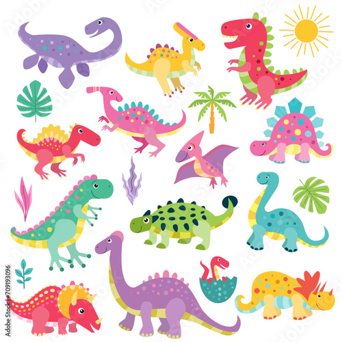Fototapeta Naklejka Na Ścianę i Meble -  Set of cute prehistoric dinosaurs. Animals of the ancient world. Isolated on a white background. For children's design of prints, posters, stickers, puzzles, etc. Vector illustration.