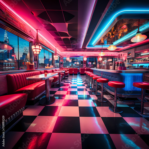 A retro diner with checkered floors and neon signs. © Cao