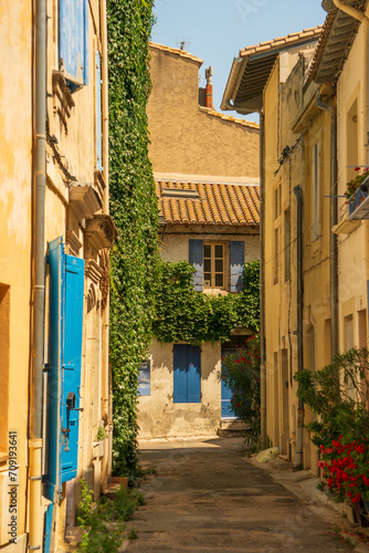 A street of the old town of Arles  in south France  mediterranean architecture  colored beige walls  green plants hanging on the walls. Hazy blue sky.