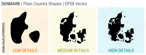 Denmark - plain country shapes. Low, medium, and high detailed maps of Denmark. EPS8 Vector illustration.