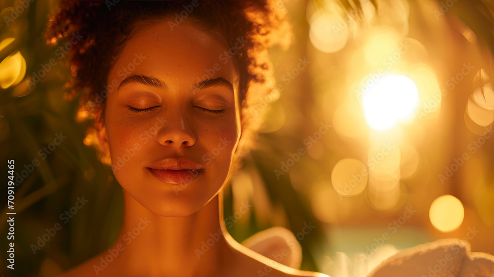 Fototapeta premium Ethereal Spa Escape: Woman in the Golden Hues