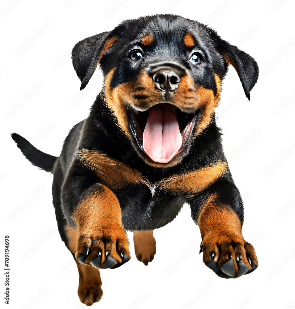 Cute rottweiler puppy jumping. Playful dog cut out at background. Cute rottweiler puppy jumping. Playful dog cut out at background.