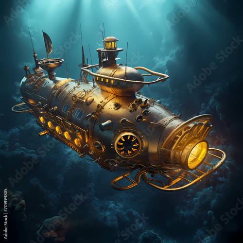 Steampunk-inspired submarine exploring the depths of the ocean.