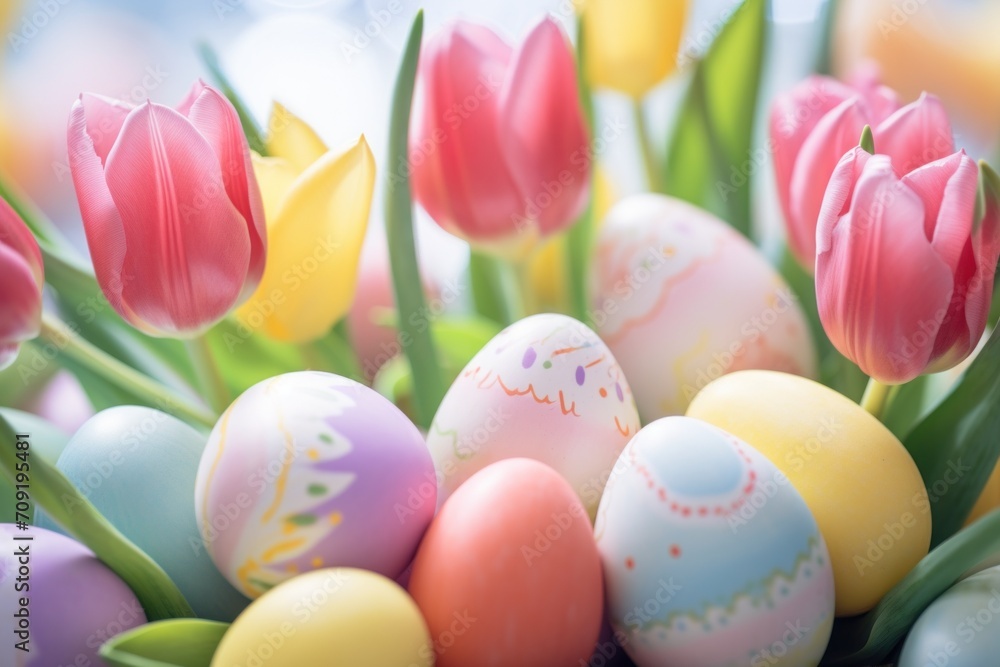 Easter eggs, adorned with subtle speckles, complements the surrounding bouquet of spring flowers, creating a feast for the eyes Easter eggs, adorned with subtle speckles, complements the surrounding bouquet of spring flowers, creating a feast for the eyes