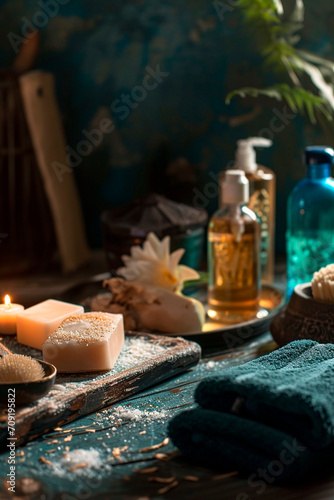 Spa products in the bathroom. Selective focus.