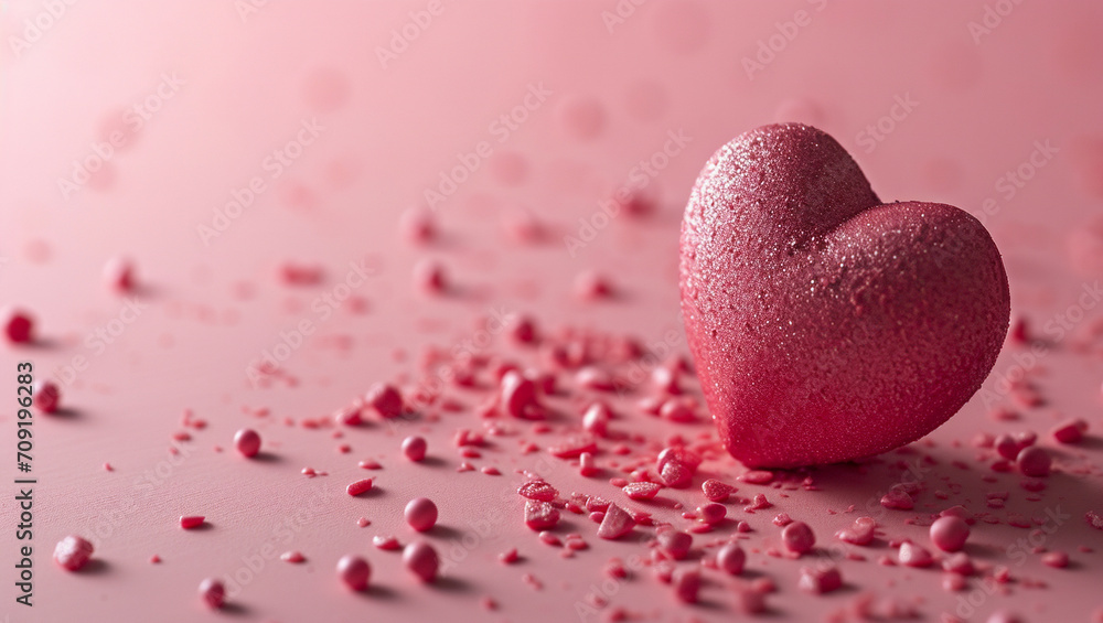 Red heart on pink background. One heart-shaped object is located to the side, there is space for text.