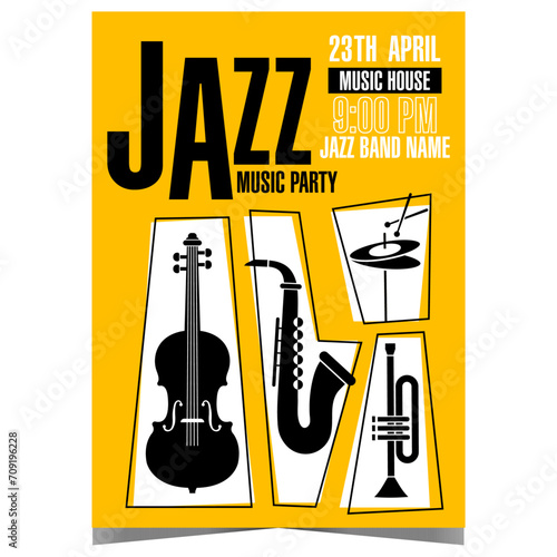 Jazz music party invitation leaflet or flyer with musical instruments such as saxophone, trumpet, cello and hi-hat on yellow background. Vector poster or banner for jazz music festival or concert. photo