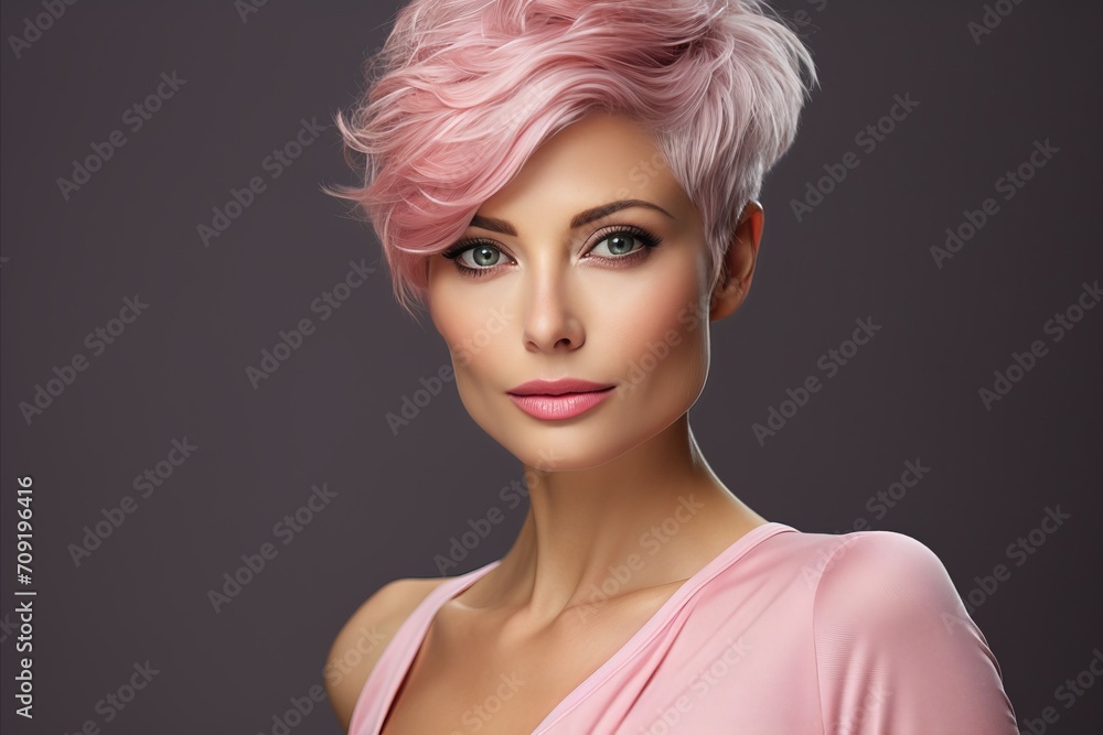 Beautiful portrait of elegant young blonde woman with pink hair on dark background. Beautiful portrait of elegant young blonde woman with pink hair on dark background.