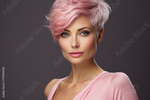 Beautiful portrait of elegant young blonde woman with pink hair on dark background.