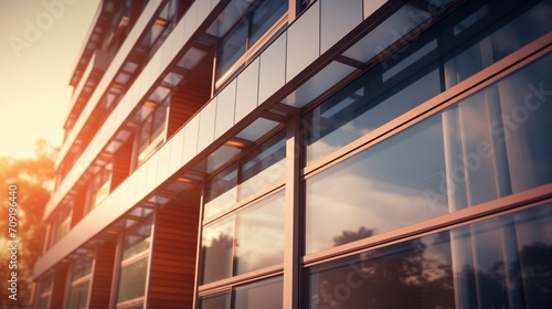 Low angle view of a modern energy-efficient office building with solar panel walls integrated in the facade