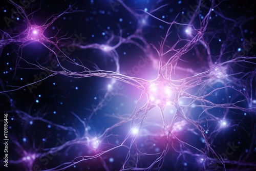 Illuminated neurons network, concept of brain activity and neurological research, blue and purple colors