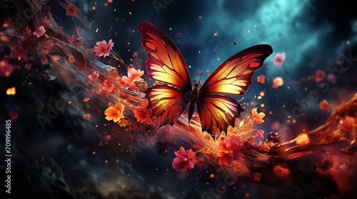 Fantastic butterfly, in mid air, bioluminescence realistic colours, blurry fiery - AI © Karla