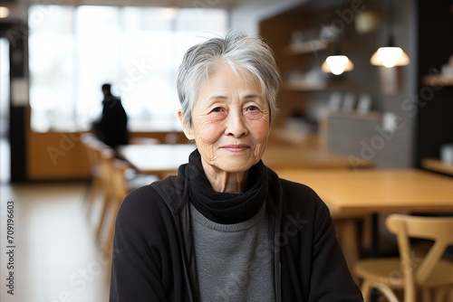 Portrait of an elegant, cheerful senior asian woman in a good mood with a smile against interior.