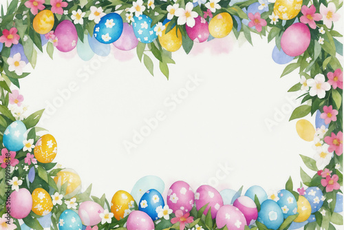 Easter watercolor spring background. Top view composition. Easter card. Paper sheet with paintbrush, eggs and spring flowers on blue or white background. Generative Ai