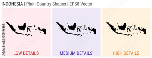 Indonesia - plain country shapes. Low, medium, and high detailed maps of Indonesia. EPS8 Vector illustration.