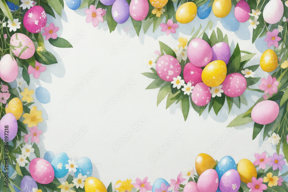 Obraz premium Easter watercolor spring background. Top view composition. Easter card. Paper sheet with paintbrush, eggs and spring flowers on blue or white background. Generative Ai