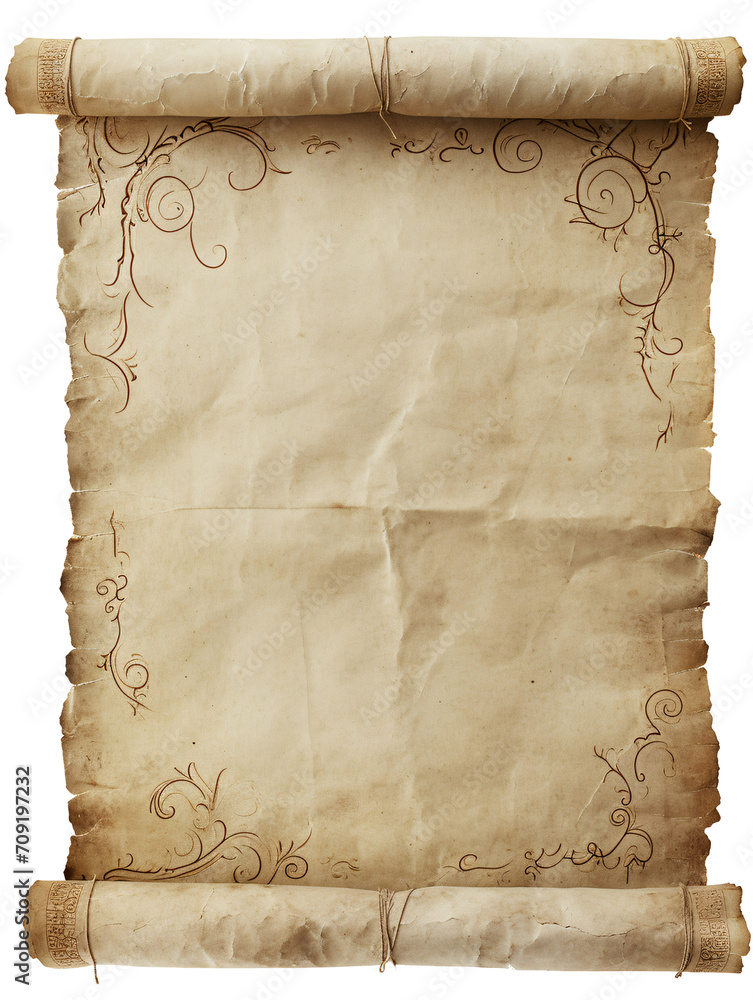 Blank page of 17th century paper scroll, transparent background available.
